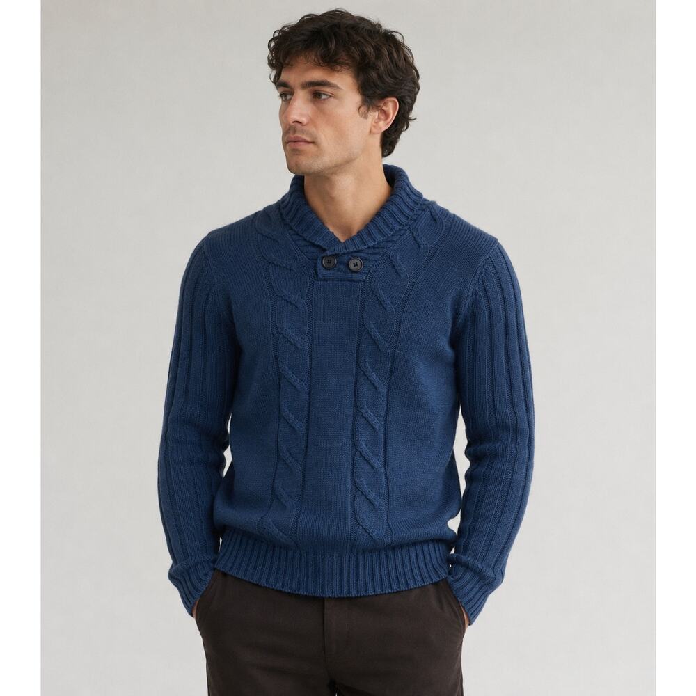 TRUE ROCK Cozy Coastal Grandpa Knit Sweater Dark‎ Blue Cable Knit